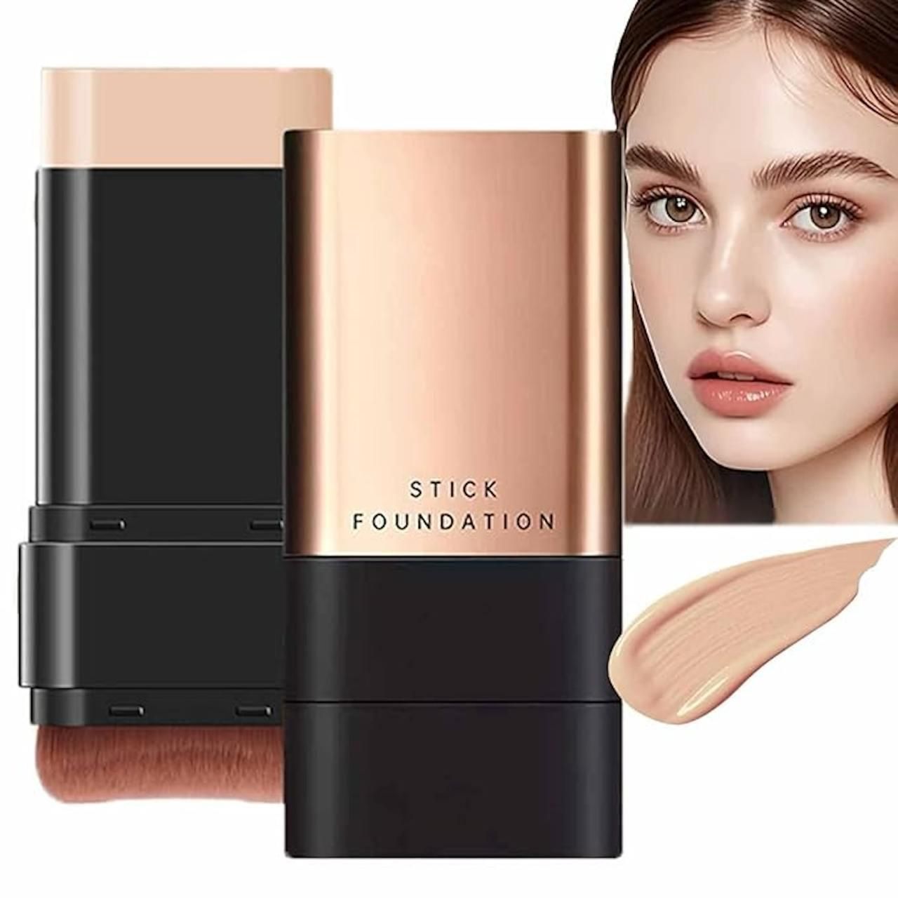 Stick foundation with rose gold and black design, close-up of a woman's face, and foundation swatch.