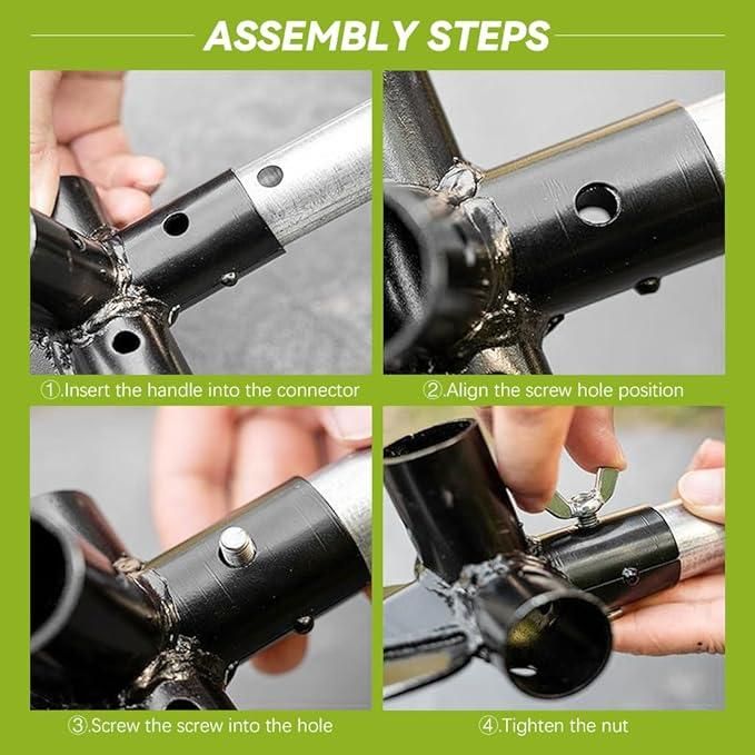 Step-by-step assembly guide for a flat shovel  handlebar connector with hands performing each step.
