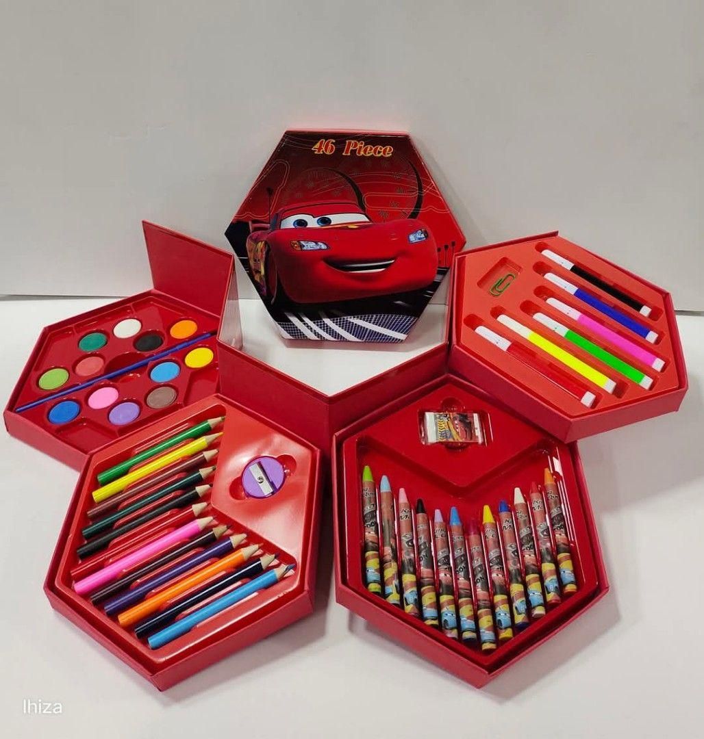 Red children's art set with crayons, markers, and paint in a hexagonal box.