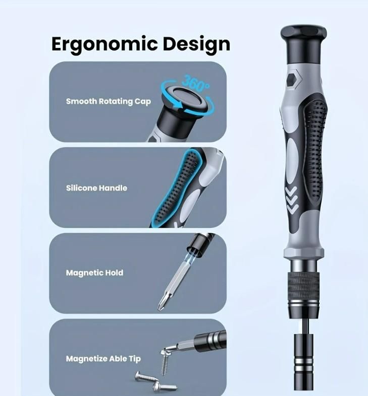 Ergonomic design features of a tool with smooth rotating cap, silicone handle, magnetic hold, and magnetizable tip on a light blue background.