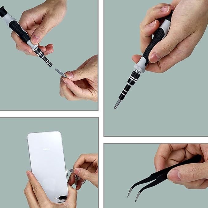 Multifunctional tool with various attachments being used on a smartphone.