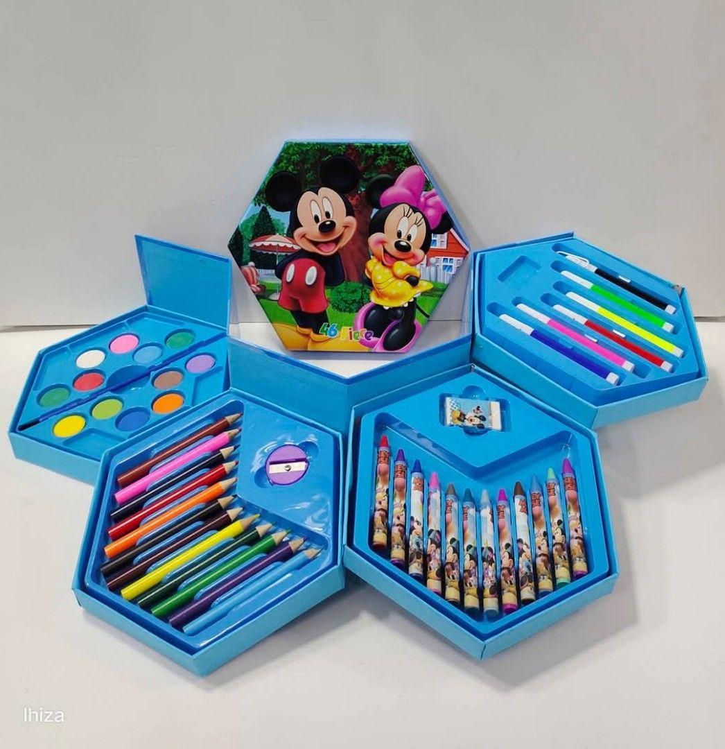 Hexagonal blue art set with Disney characters on a white background