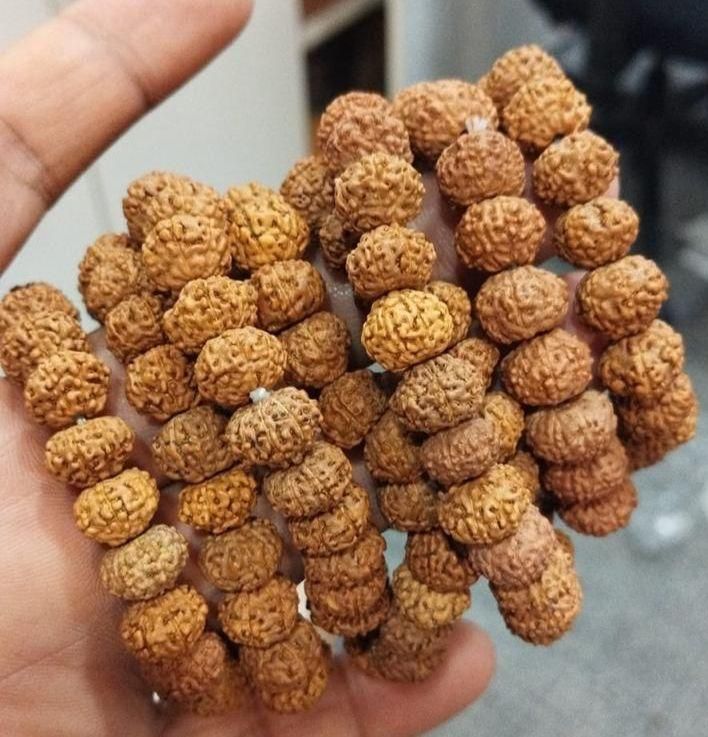 Close-up of a hand holding a string of brown菩提子 beads.
