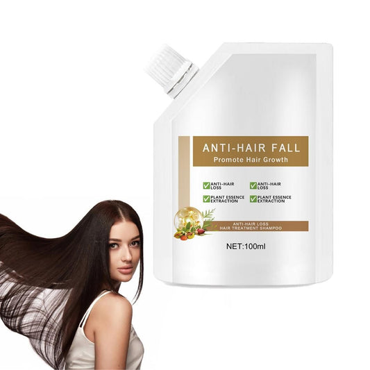 Anti-hair fall shampoo bottle with a woman with long hair on a white background