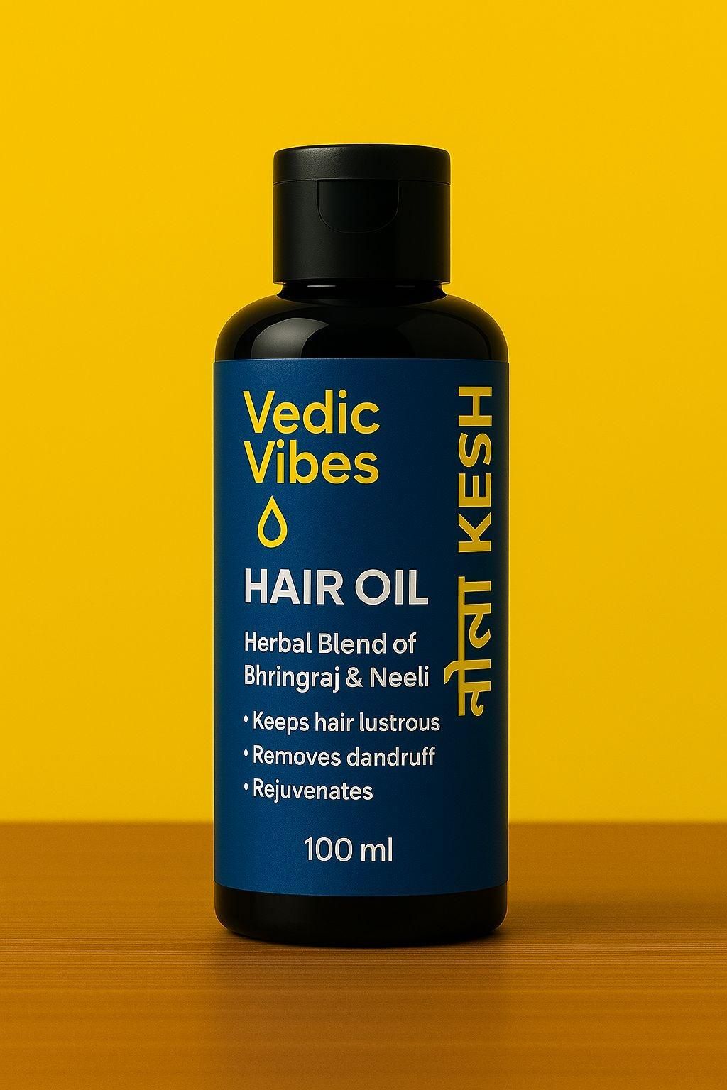 Vedic Vibes Hair Oil bottle on a yellow background