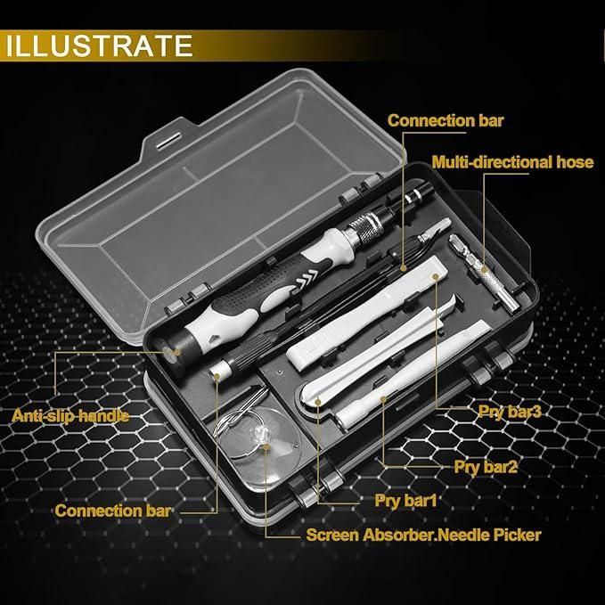 Set of tools in a clear case with labeled components on a black background