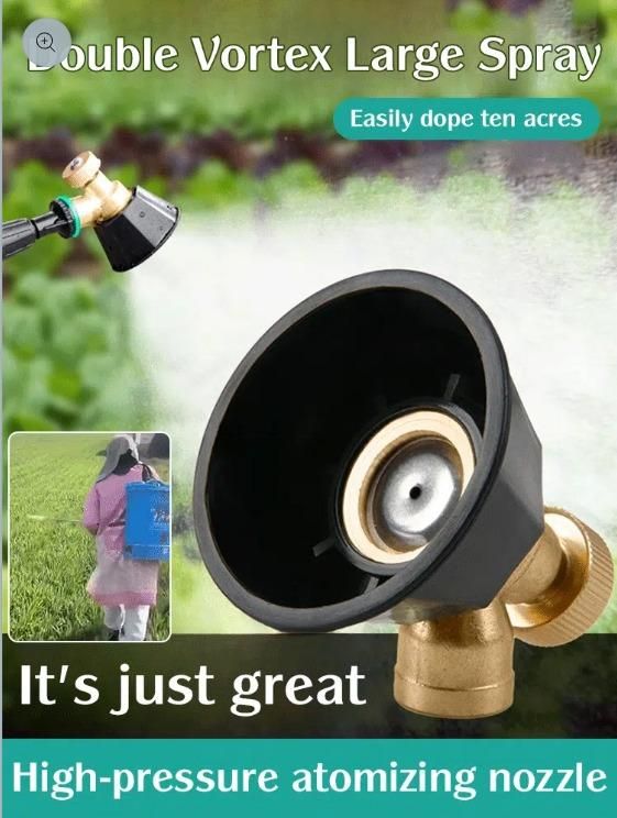 High-pressure atomizing nozzle with text on a blurred outdoor background