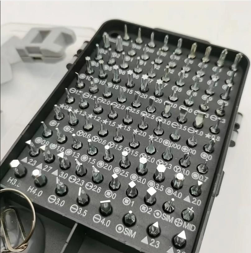Black metal drill bit set with measurements on a white background