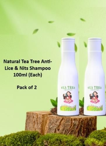 Two bottles of Tea Tree Anti-Lice & Nits Shampoo on a wooden stump with a green background.