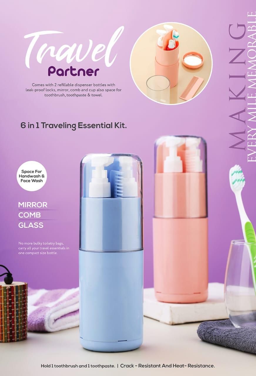 6-in-1 traveling essential kit with mirror, comb, glass, and toothbrush on a purple background.