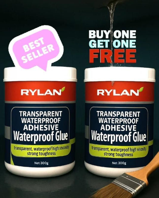 Two containers of Rylan waterproof glue with a brush and promotional text on a dark background.