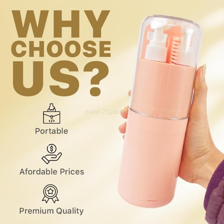 Pink travel-sized product held by a hand with promotional text on a beige background