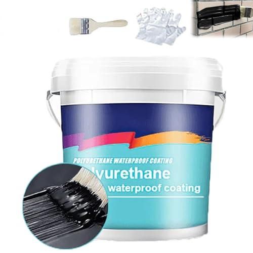 Bucket of polyurethane waterproof coating with a brush and applicator on a white background