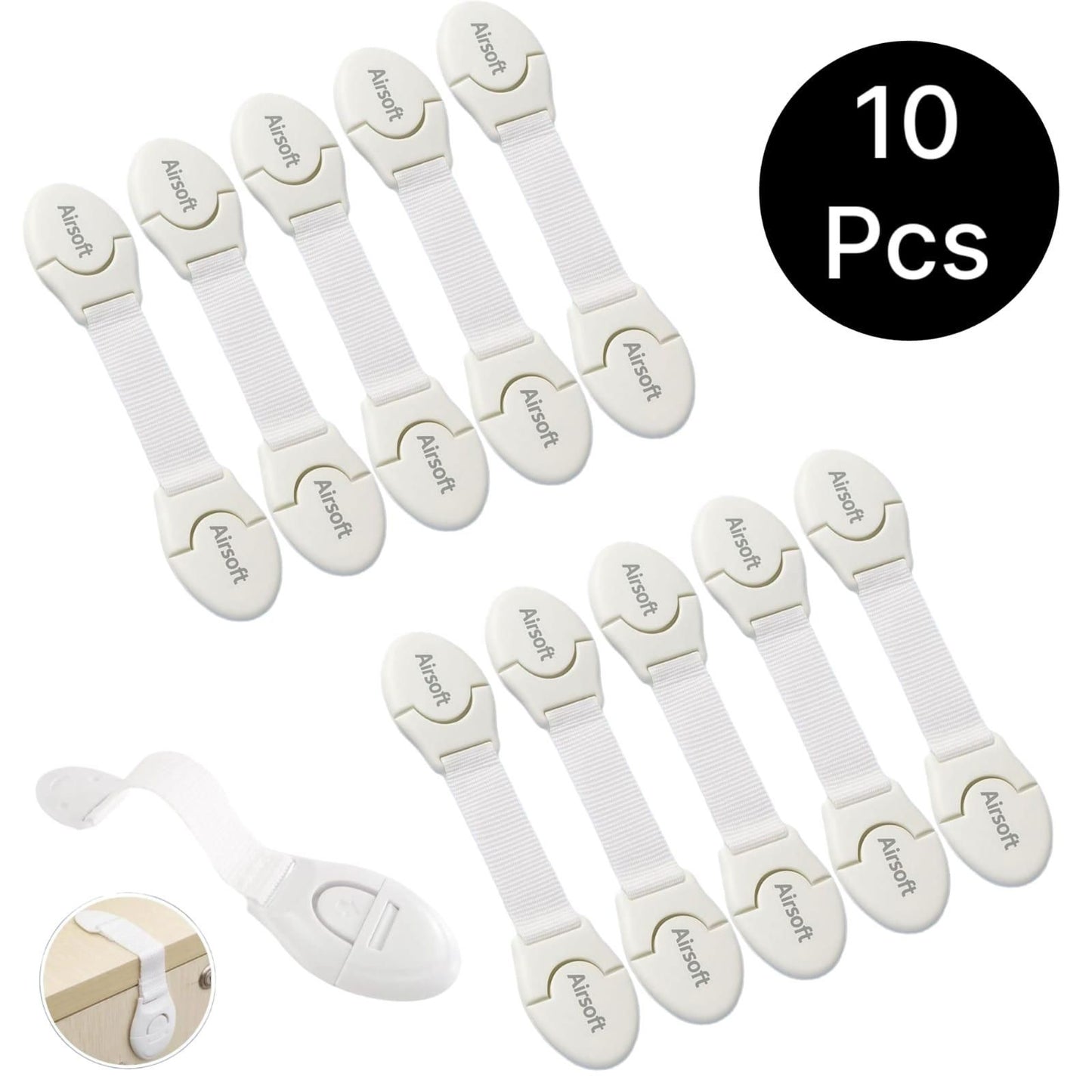 Set of 10 white baby safety straps with 'Avent' branding on a white background.